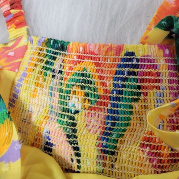 Farm Rio Yellow Textured Tropical Floral Swiss Dot Tiered Maxi Dress Medium - Picture 12 of 14